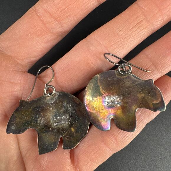 Native American Earrings Sterling Silver Bear Shaped Turquoise Stamped H. Wood - Picture 5 of 12